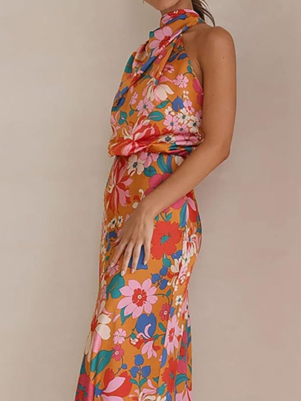 NWT Sage + Paije Satin Floral Halter Dress Size Large High Draped Neck Fall Chic - Picture 6 of 13